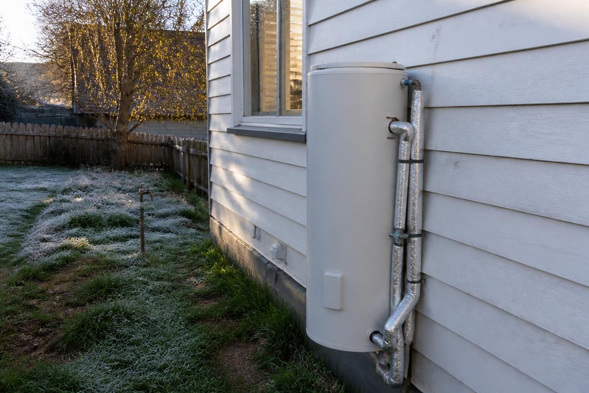 A southern Victorian weatherboard home on a frosty morning with an outdoor hot water system and lagged copper pipework.